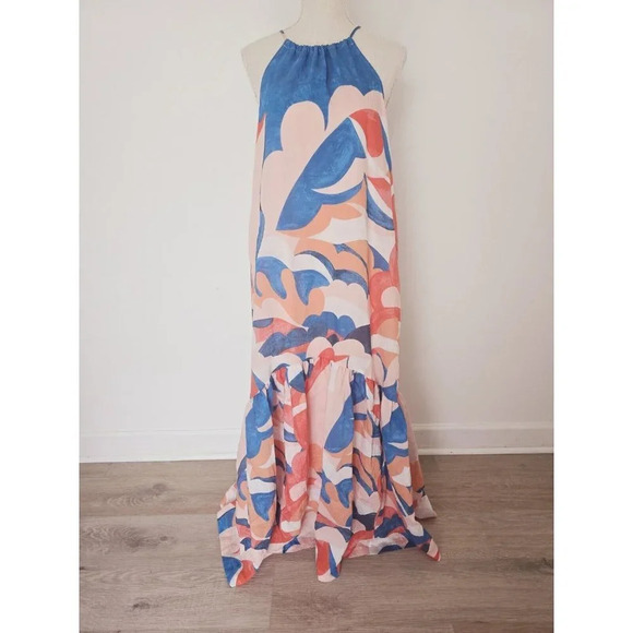 Maeve Anthropologie NWT Flounced Halter Chiffon Blue Pink Maxi Dress S Small - Picture 2 of 13